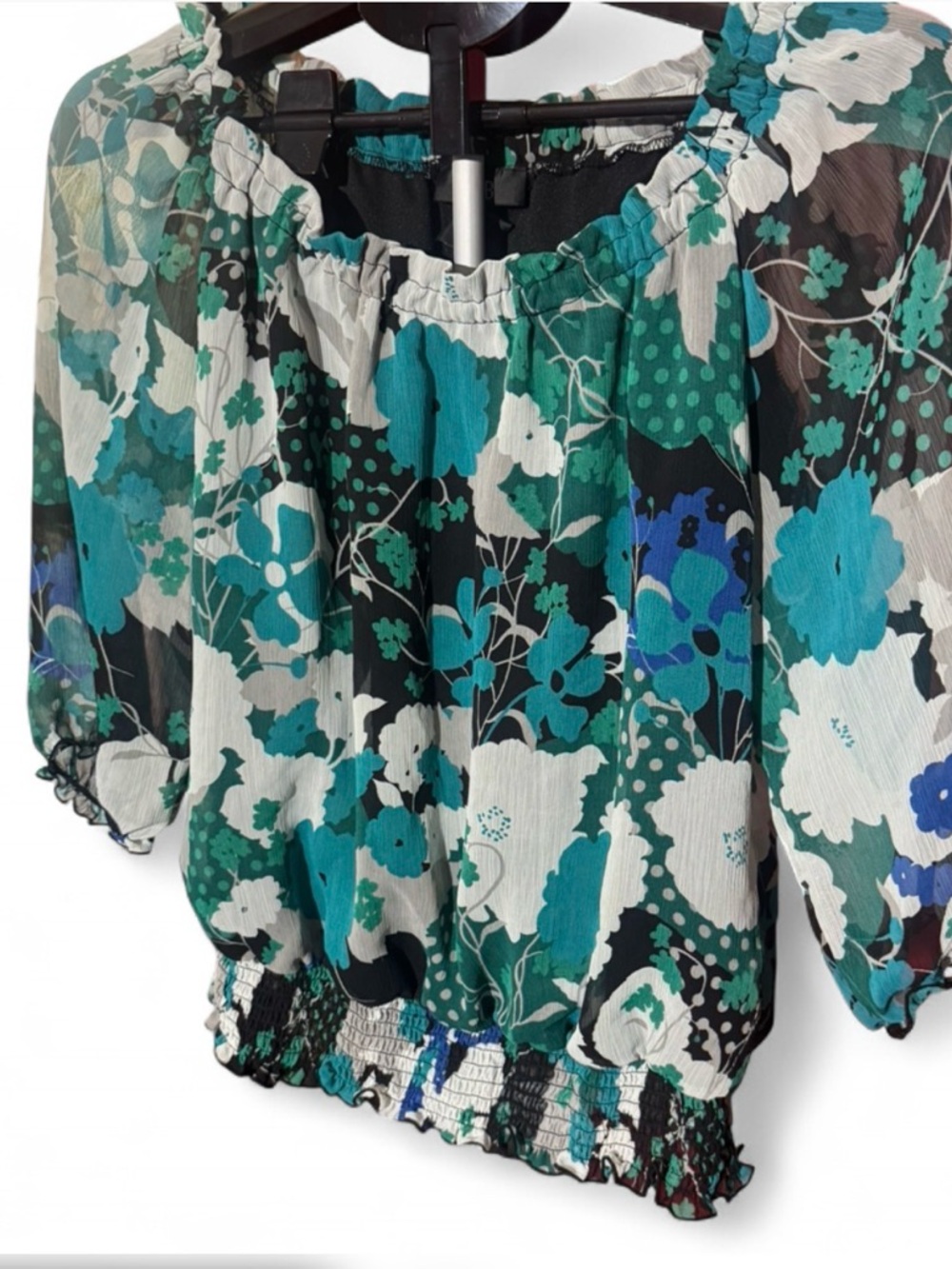 Floral Off Shoulder Blouse Green Blue Smocked Waist Sheer Women’s Medium